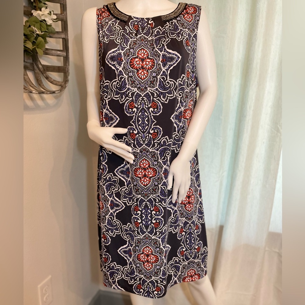 Magnolia Grace Elegant Dark Grey and Orangish Red Patterned Midi Dress